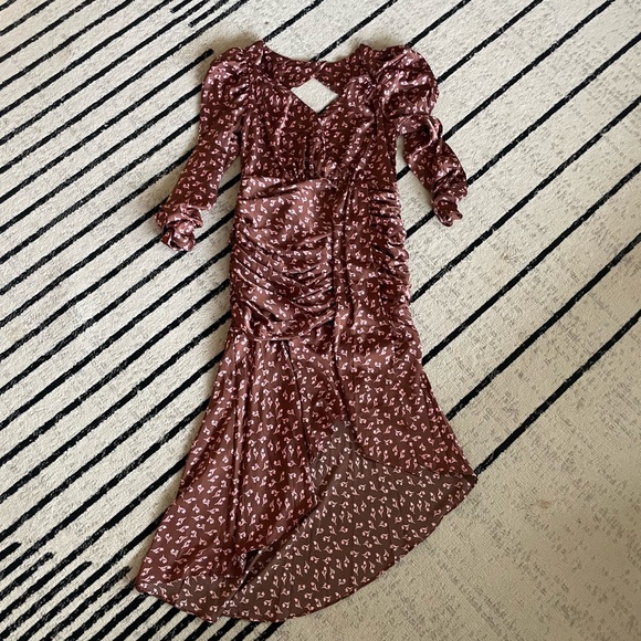 LUSH satin floral ruched Dress Womens Small Midi Asymmetrical Cut Out Back Brown - Picture 2 of 13